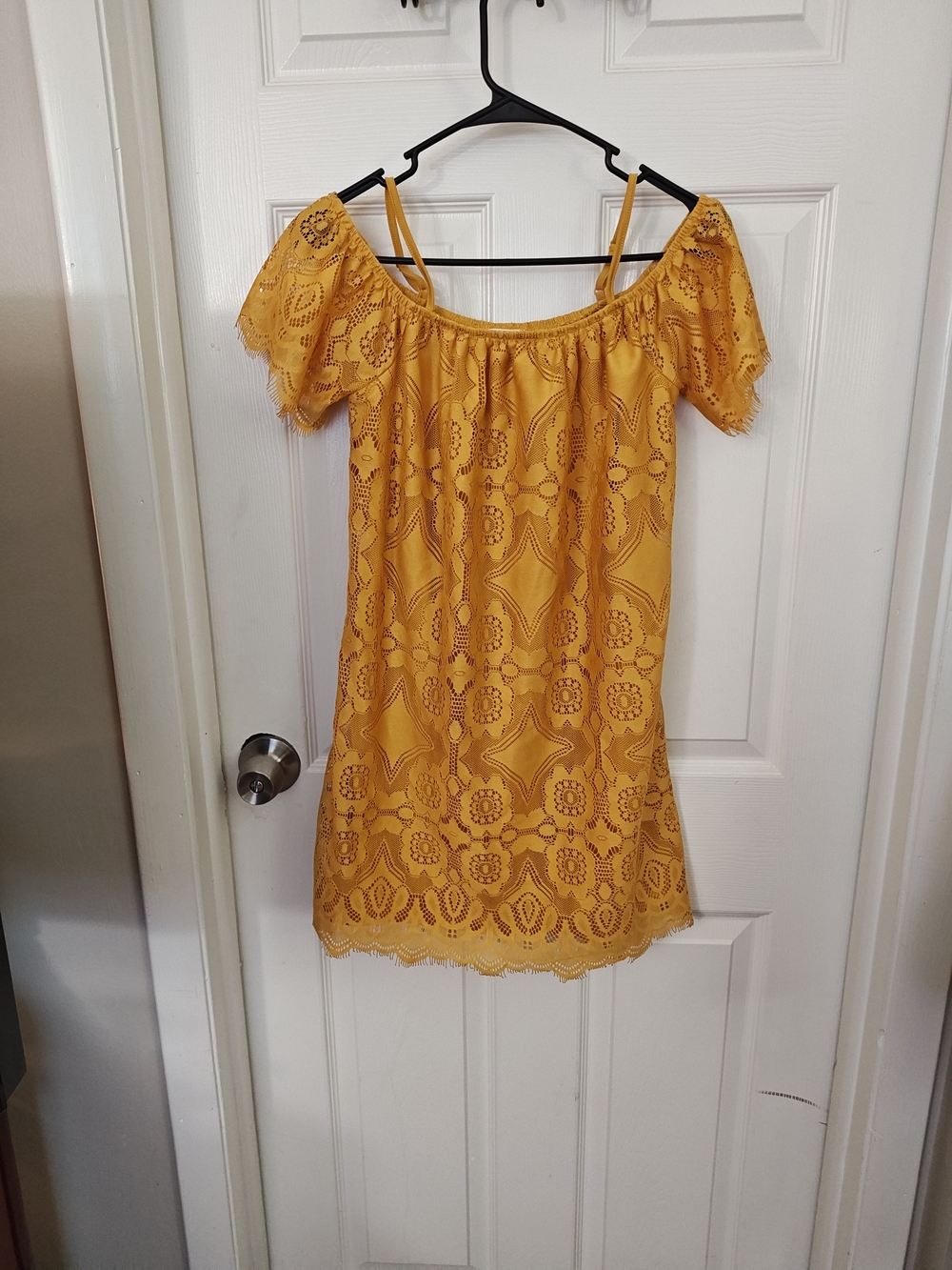 Ultra Flirt Mustard Yellow Off-Shoulder Lace Tunic